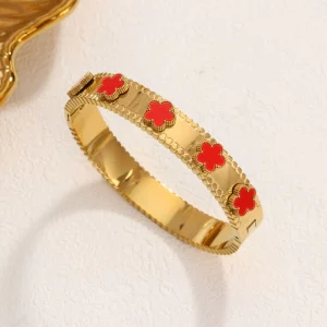Exquisite Red Clover Motif Stainless Steel Bangle Radiant Gold Plated Bracelet for Daily Fashion
