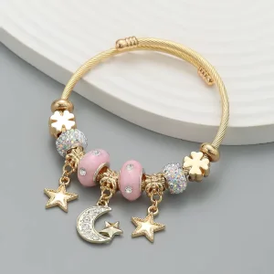 Exquisite Shiny Adjustable Opening 18k Gold Plated Stainless Steel Moon Star Crystal Rhinestone Beaded Charm Bracelet for Women