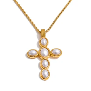 Exquisite Simulated Pearl Cross Pendant Necklace Stainless Steel Twisted Thin Chain Necklace