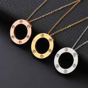 Exquisite Stainless Steel Necklace Diamond Ring Pendant Men’s Women’s Fashion Jewelry Gift Accessory Link Chain for Parties