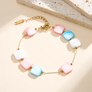 Exquisite Stainless Steel Pastel Square 10*10mm Shell Bead Chain Bracelet 18K Gold Plated Fashion Jewelry for Summer