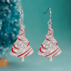 Exquisite Tree Design Full Paved Cubic Zirconia Red Enamel Hook Earrings for Women Fashion Christmas Jewelry CZ Earrings