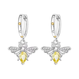 Exquisite Trendy Fashion Women Fine Jewelry Copper Silver Plated Pave CZ Bee Earrings Teardrop Yellow Zircon Hoop Gift