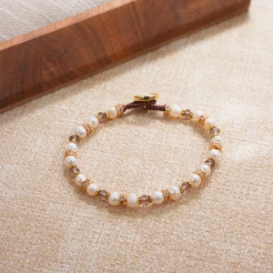 Exquisite Vintage Natural Pearl Beaded Bracelet Smoke colored Zircon Hand woven Rope Adjustable Brass Buckle Gold plated Jewelry