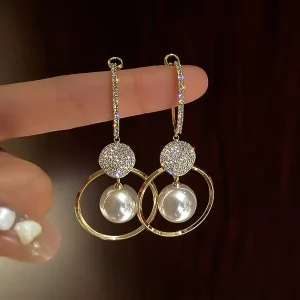 Exquisite Women 18K Gold Plated Micro Pave Zirconia Earrings Emulation Pearl Dangle Earrings