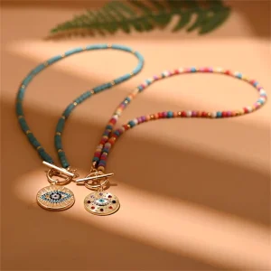 Eye Coin Pendant Necklace Bohemian Colorful Beaded Necklace for Women