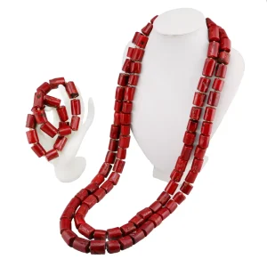 Eye-catching Red Coral Jewelry Set Dubai Bridal Wedding Set Double Strand Necklace and Bracelet Two-Piece Set YL245