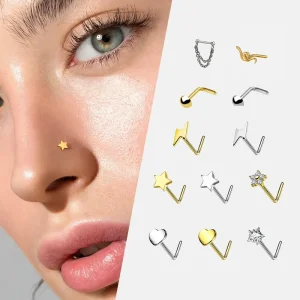 F136 CZ Nose Stud Prong Polished G20 Titanium Body Piercing Jewelry L Shape Gold Plated Nose Ring