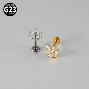 F136 G23 Titanium Alloy Classic Five-Leaf Marquise Zircon Leaf Internal Thread Flat Bar Ear Lip Stud Jewelry