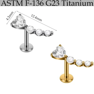 F136 G23 Titanium Alloy Exquisite Connected Heart & Round Zircon Internal Thread Flat Bar Ear Lip Stud Fashion Piercing Jewelry