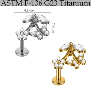 F136 G23 Titanium Alloy Exquisite Natural Butterfly Flower Inlaid Zircon Internal Thread Flat Bar Ear Lip Stud Fashion Jewelry