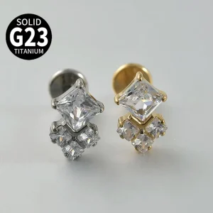 F136 G23 Titanium Alloy Exquisite Square Shiny Zircon Internal Thread Flat Bar Ear & Lip Stud Fashion Piercing Jewelry