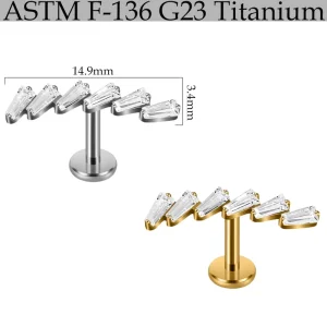 F136 G23 Titanium Alloy Luxurious Design Arc Arranged Trapezoid Zircon Internal Thread Flat Bar Ear Lip Stud Jewelry