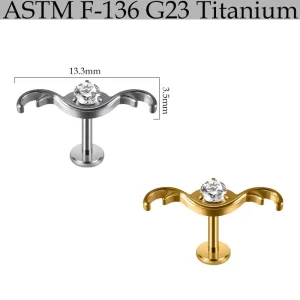 F136 G23 Titanium Alloy Minimalist Antler Inlaid Zircon Internal Thread Flat Bar Ear Lip Stud Fashion Piercing Jewelry