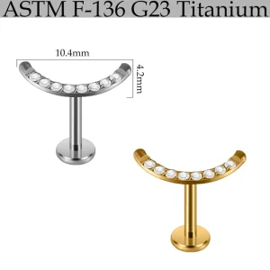 F136 G23 Titanium Alloy Minimalist Crescent Inlaid Round White Zircon Internal Thread Flat Bar Ear Lip Stud Jewelry