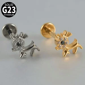 F136 G23 Titanium Cute Deer Inlaid Round Zircon Internal Thread Flat Base Earring Lip Stud Fashion Piercing Jewelry