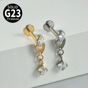 F136 G23 Titanium Drop Zircon Heart with Pendant Internal Thread Flat Base Earring Lip Stud Piercing Jewelry