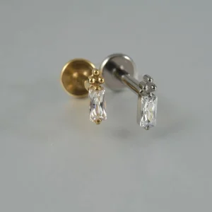 F136 G23 Titanium Geometric Square Zircon With 3 Small Balls Internally Threaded Flat Back Ear and Lip Piercing Studs