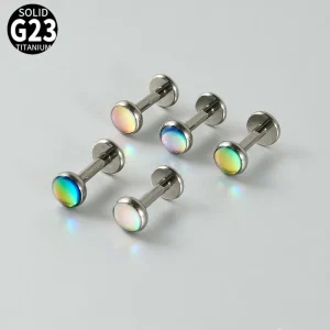 F136 G23 Titanium Iridescent Flash Opal Internally Threaded Flat Back Stud Ear Lip Nose Piercing Jewelry