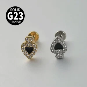 F136 G23 Titanium Spade Poker Inlaid Zircon Internal Thread Flat Base Stud Earring Lip Piercing Jewelry