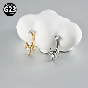 F136 G23 Titanium Sweet Cute Stylish Antler Teardrop Zircon Internally Threaded Curved Bar Belly Ring Piercing Jewelry