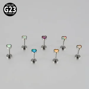 F136 G23 Titanium Sweet Heart Shiny Opal Push in Flat Base Stud Earring Lip Piercing Jewelry