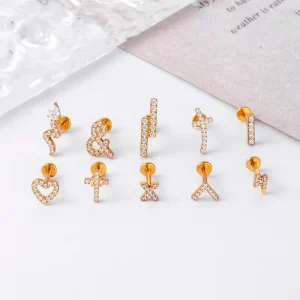F136 Titanium Clover Lip Stud Bar with Zircon Inlaid Heart Cross Lightning Snake Internal Thread Helix Piercing Jewelry