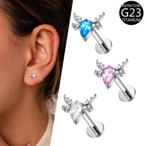F136 Titanium Zircon Deer Head Ear Cartilage Stud Flat Back Piercing Earrings Labret Body Piercing Jewelry Lip Ring