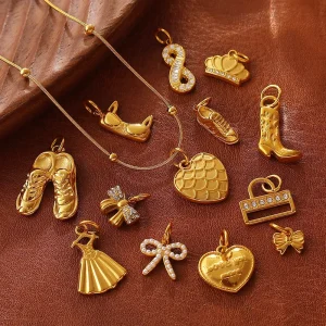 F338 Sweet Girls Jewelry Parts Dress Heart Bag Shoes Bow Crown Gold Stainless Steel Charm with Zircon Fashion Pendants Earrings
