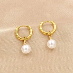 FANKE Classic Fashion Stainless Steel 18K Gold Plated Anti Tarnish Hypoallergenic Jewelry Pearl Bead Drop Earrings for Women