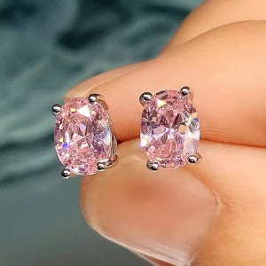 FANKE Custom Multi Color Oval Solitaire CZ Stud Earrings 4 Prong Simulated Sapphire Lab Grown Women Girls