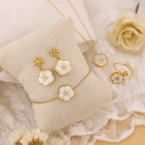FANKE Korean Light Luxury High end Stainless Steel Earrings Zircon Flowers Fritillaria Petal Pendants Women’s Jewelry Sets for
