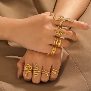 FANKE Punk Gold Color Plated Stainless Steel Scaling Snake Rings Gothic Vintage Animal Shaped Resizable Wrap Open Stackable