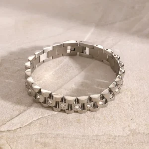 FANKE Stainless Steel Women’s Simple White Zircon Studded Watch Chain Bracelet