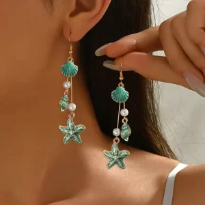 FANKE Trendy Bohemian Vacation Ocean Geometric Drip Oil Blue Marine Creature Faux Pearl Pendant Tassel Long Earrings
