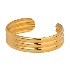 FASHION JEWELRY STAINLESS STEEL GOLD PLATED THREE LAYERS CURVED TUBE ADJUSTABLE BRACELET BANGLE for WOMEN