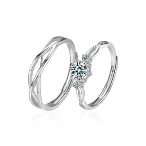 FJZ116 Unisex Trendy Wedding Cross Ring Set Copper Couple Resizable Rings Moissanite Rhodium Plated Inlay Fashion Jewelry