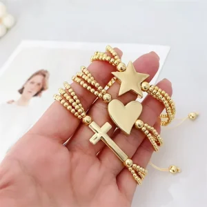 FM LAT0863 Gold Plated Heart Bracelet Gold Plating Copper Cross Star Bracelet Women Jewelry