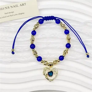 FM-LAT0880 Blue CZ Heart Pendant Bracelet Adjustable Copper Beads Bracelet Multi Color Heart Bracelet Mother Day Gift