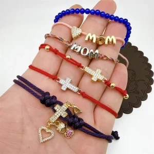 FM LAT0888 Trendy Gold Plated Cross Heart Charms Bracelet Handmade Braided Bracelet Simple Design Jewelry