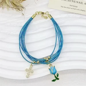 FM LAT0889 Blue Bracelet Mini Enamel Flower Cross Charms Bracelet Blue Adjustable Waxed Cord Bracelet Women Jewelry