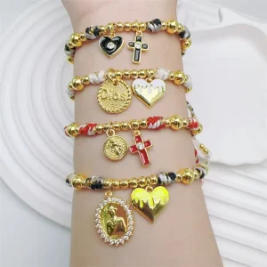 FM LAT0901 Fashion Copper Beads Bracelet Gold Plated Enamel Heart Charms Bracelet Adjustable Handmade Bracelet