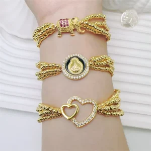 FM LAT0903 Gold Plated Copper Beads Hand Rope Bracelet Copper Elephant Buddha Coin Charms Bracelet CZ Double Heart Bracelet