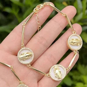 FM-LAT0905 Gold Plated Copper Link Bracelet Religion CZ St Benedict Medal Bracelet Adjustable Religion Jewelry