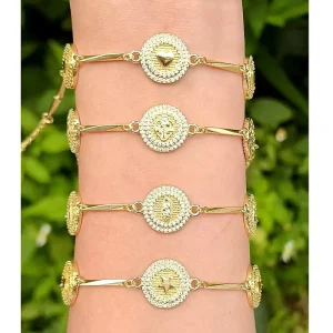 FM LHB1340 Trendy Gold Plated San Benito Virgin Mary Heart Charm Bracelet Fashion Women CZ Star Connector Bracelet