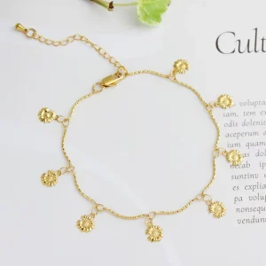 FS Vintage Elegant 18K Gold Plated Brass Daisy Charm Bracelet Anklet Delicate Design for Women Party Gift