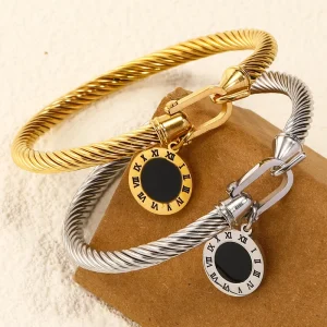 FY Fashion Jewelry Bangles Stainless Steel Roman Numeral Pendant Round Charm Twist Bangles Vintage Waterproof Party Bracelets