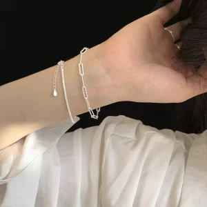 FY SL235 Stacked Chain Bracelet 925 Sterling Silver Shimmering Minimalist Cool Style Women’s Jewelry
