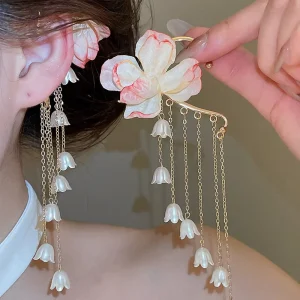 Fabric Flower Pearl Tassel Ear Hanging Super fairy Vacation Earrings Sweet and Beautiful Earrings
