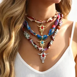 Fabric Scarf Necklace Women Boho Bull Head Pendant Chain Silk Ribbon Choker Jewelry Gift